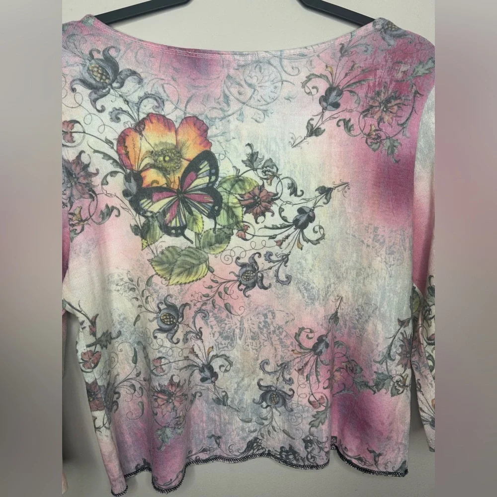 Vintage Y2K Butterfly Flower Rhinestone Bling 3/4 Sleeve Pink Notations Top L